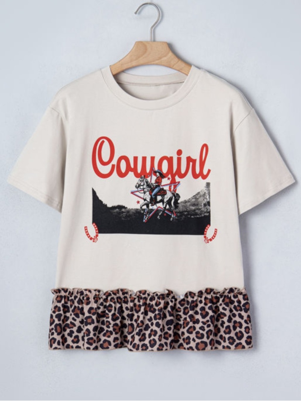 1211. Retro cotton Cowgirl leopard print ruffle trim short sleeve T-Shirt - Picture 3 of 5